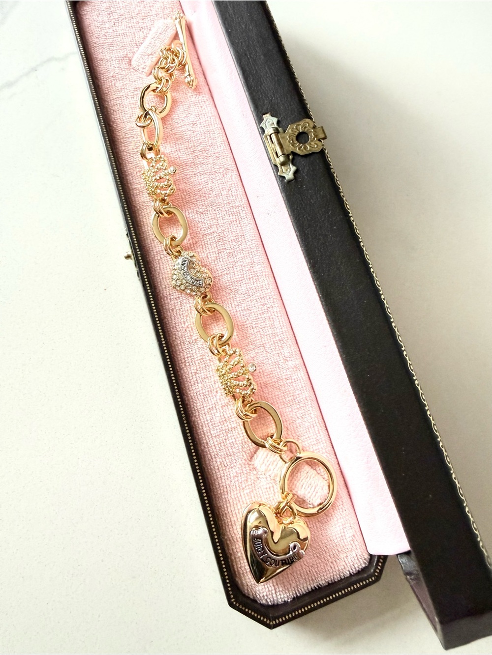 Juicy Couture Gold Tone Heart Charm Link Bracelet with Rhinestones